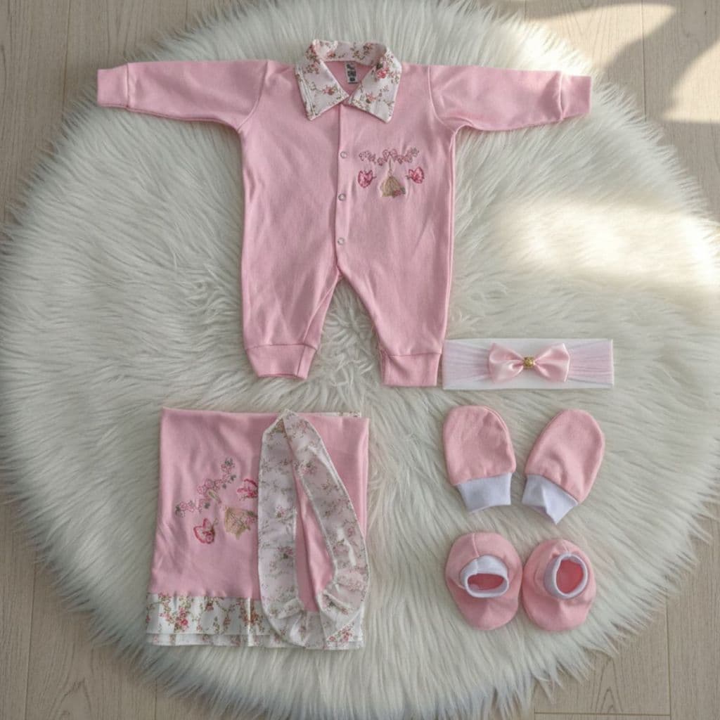 Saída Maternidade Menina Rosa Kit Completo 5 peças RN Roupinha Bebê