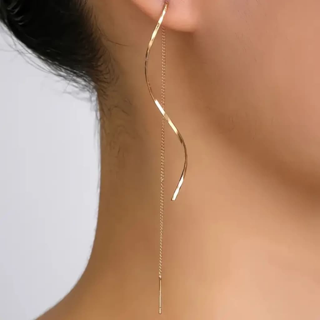 Brinco Feminino Espiral Dourado com Corrente Aço Inoxidável - Bastet Shop
