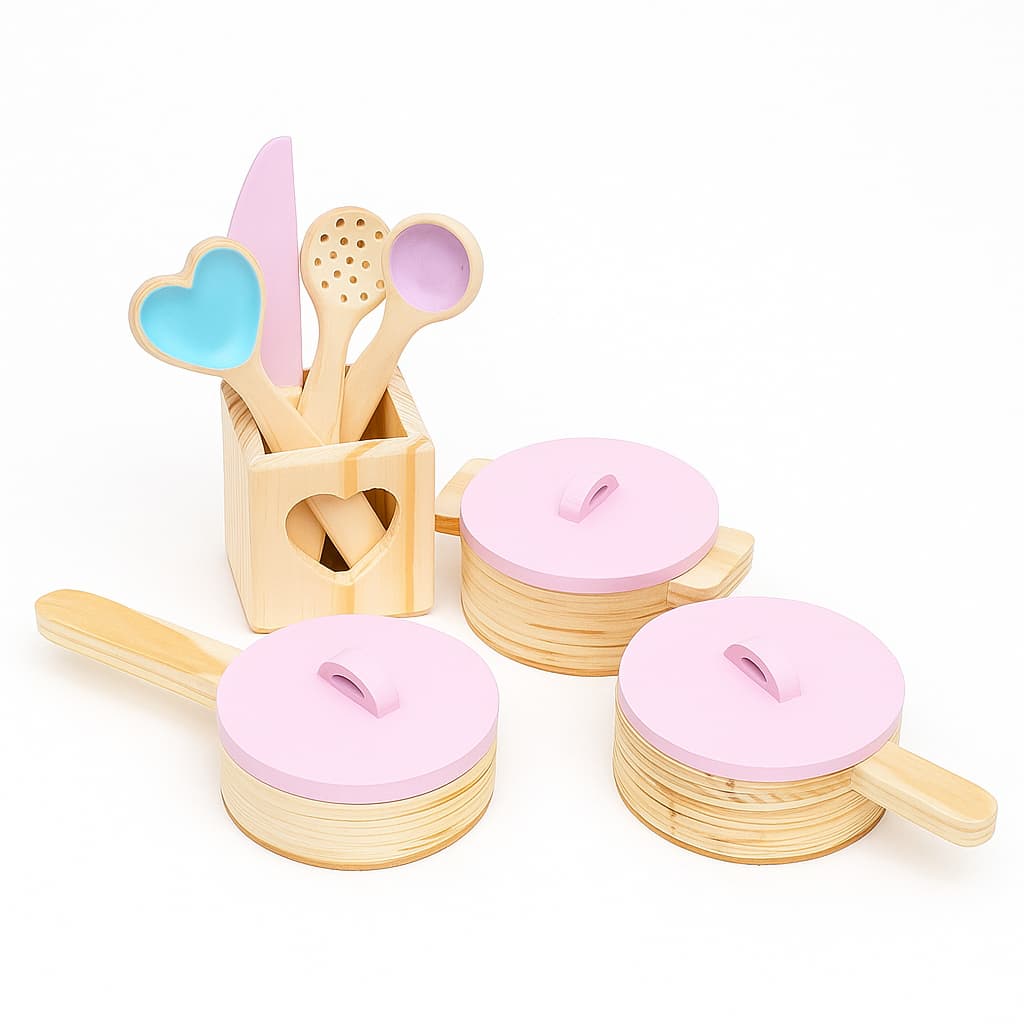 Kit Panelinhas e Utensílios de Cozinha Infantil em Madeira Rosa Brinquedo Educativo
