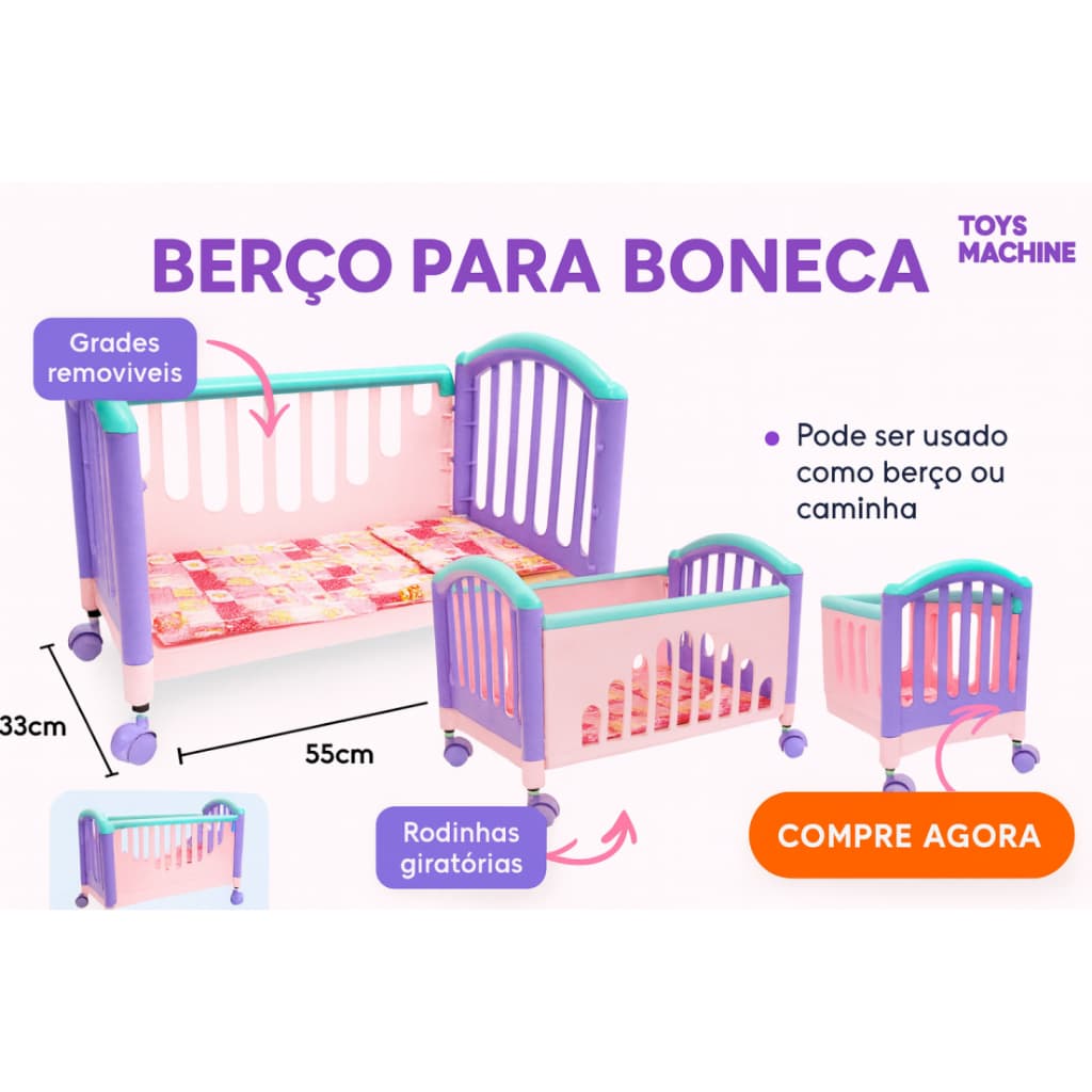 Berço de Boneca Infantil c/Rodinhas | Cama de Boneca ou Caminha PETS com Grade Removível e Colchão