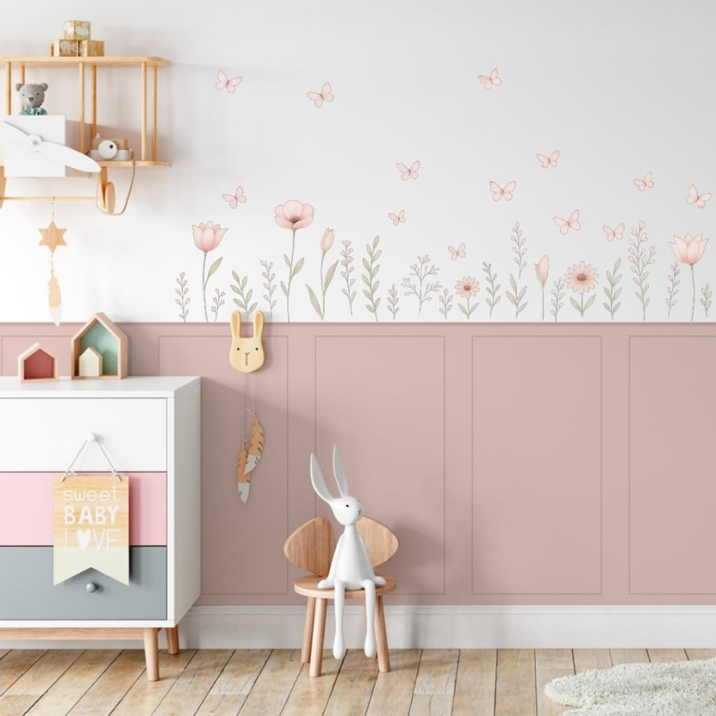 Adesivo de Parede Flores em Aquarela – Decoração Delicada para Quarto de Menina, Lavável e Fácil de Aplicar