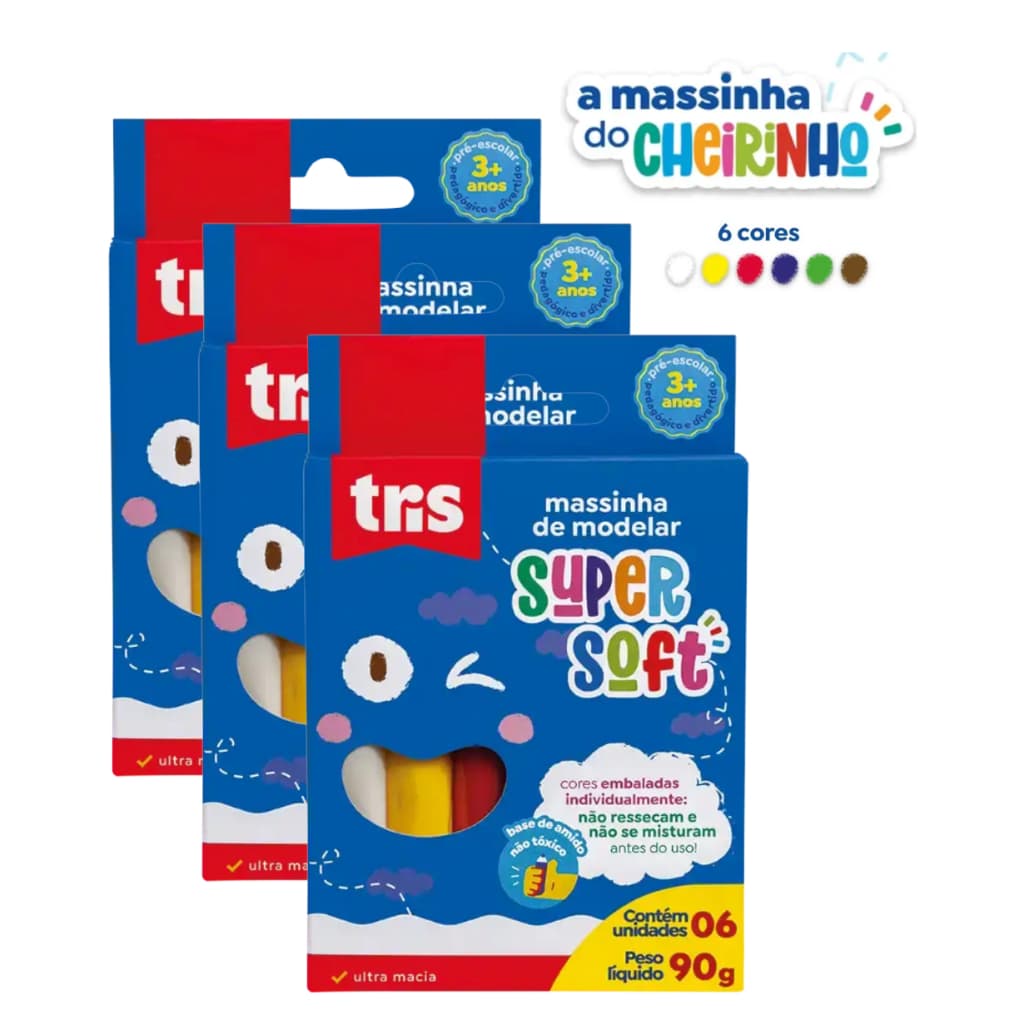 3 Massas De Modelar Supersoft 90G Multicor Conjunto C/6 Cores Tris