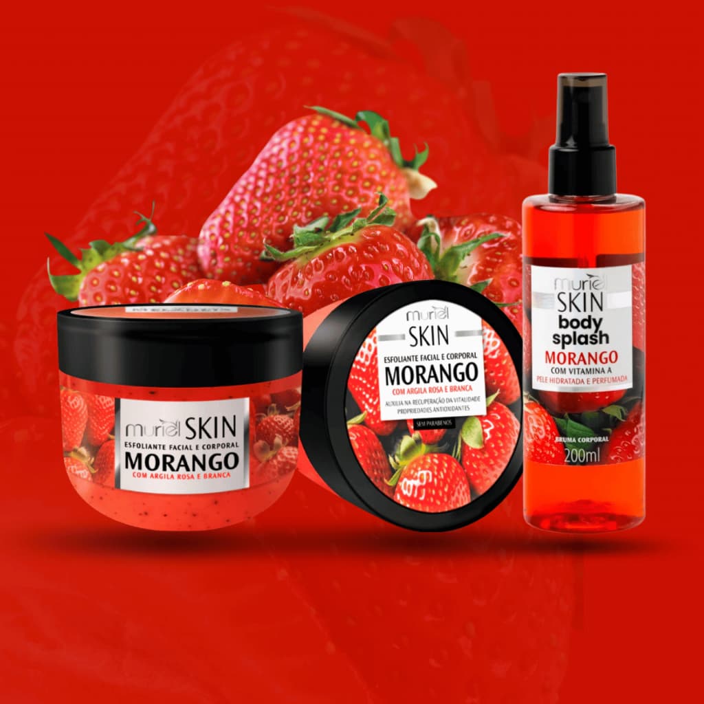 Kit Hidratante Esfoliante Corporal + Body Splash Morango Maracujá Pêssego Ameixa Banho