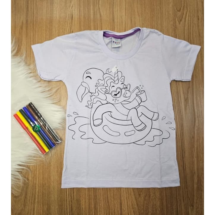 Camiseta Infantil Branca com Estampa  para Colorir - Brinde 6 Canetinhas Desenho LF045
