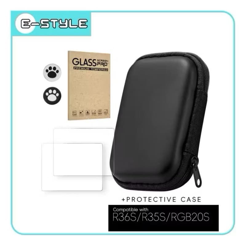 Kit Proteção Console R36S R35S RGB20S – Case + 2 Películas Vidro Temperado + Grips