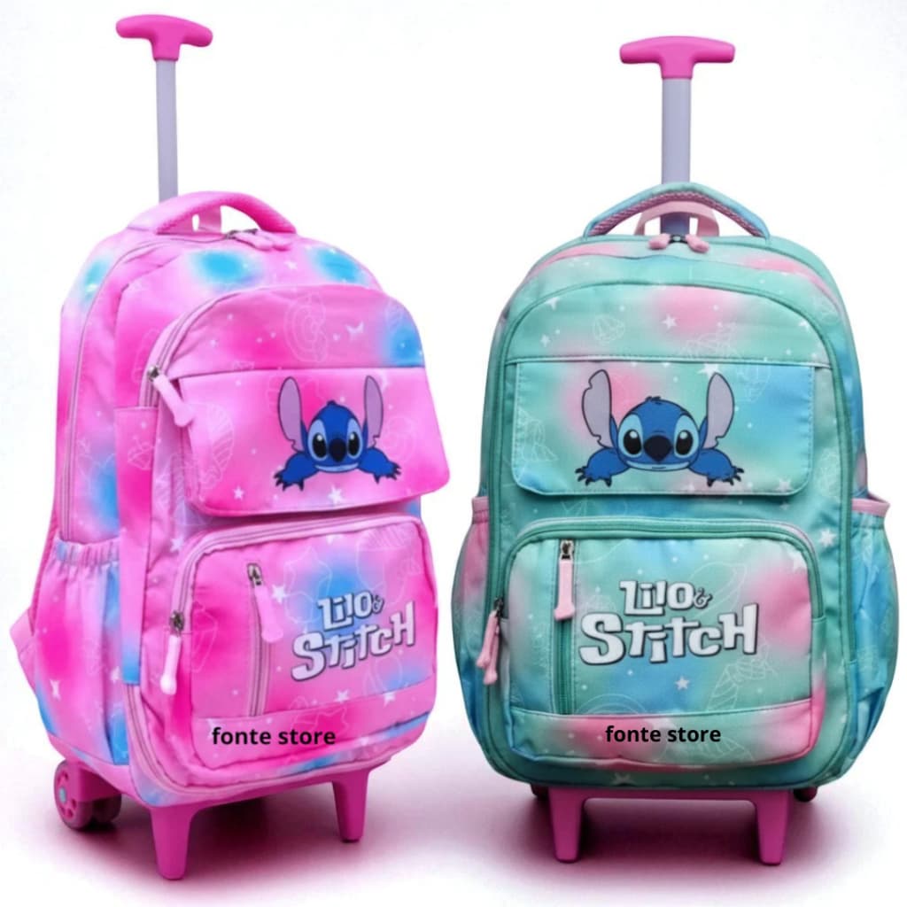 mochila escolar infantil juvenil com rodinha stitch