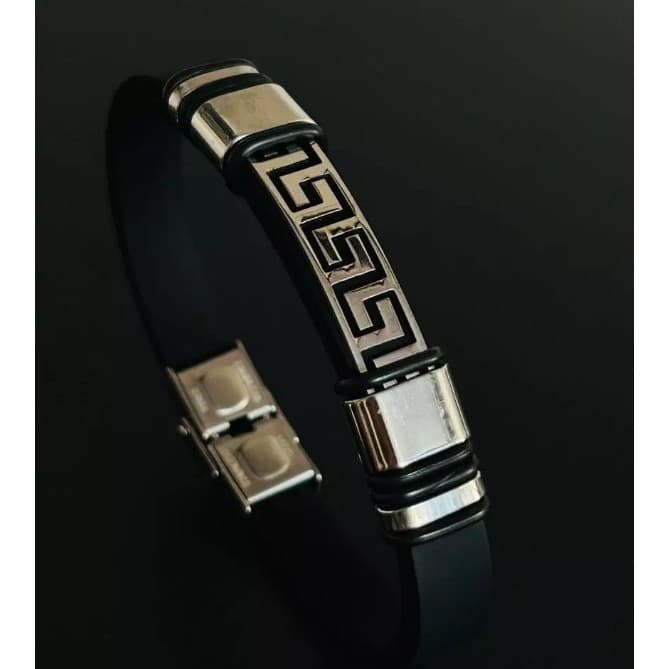 Pulseira Masculina unissex Estilosa com Friso Grego – Aço Inox e Borracha Confortável!