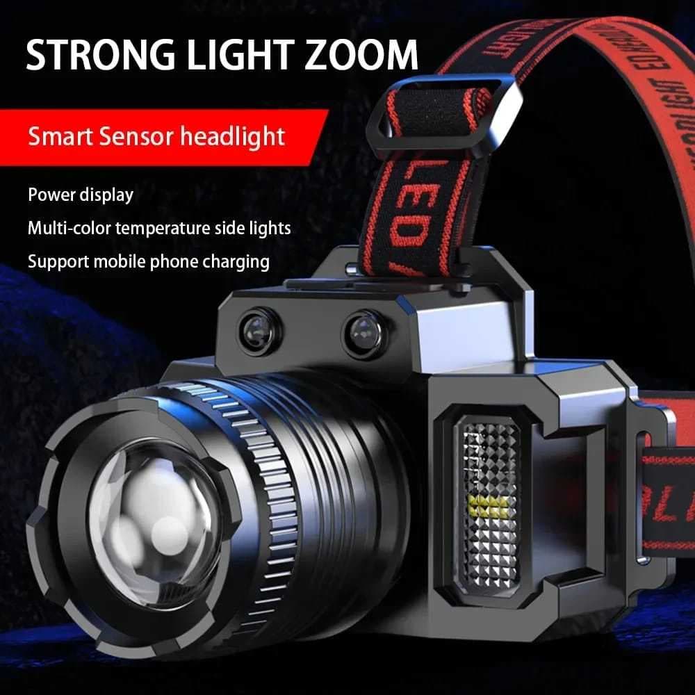 Lanterna de Cabeça de LED Forte Zoom Portatil 5 Modos de Luz, Recarregavel, à Prova de Agua 8343