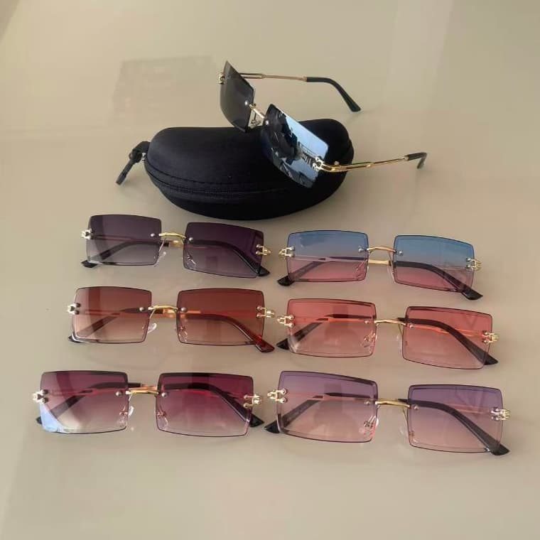Óculos de Sol Feminino Quadrado UV400 – Lente Degradê Sem Armação com Haste Dourada