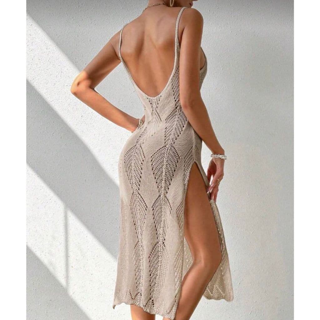 Saída de Praia Vestido  Tricot  Crochê com Fendas Laterais e Acenturada