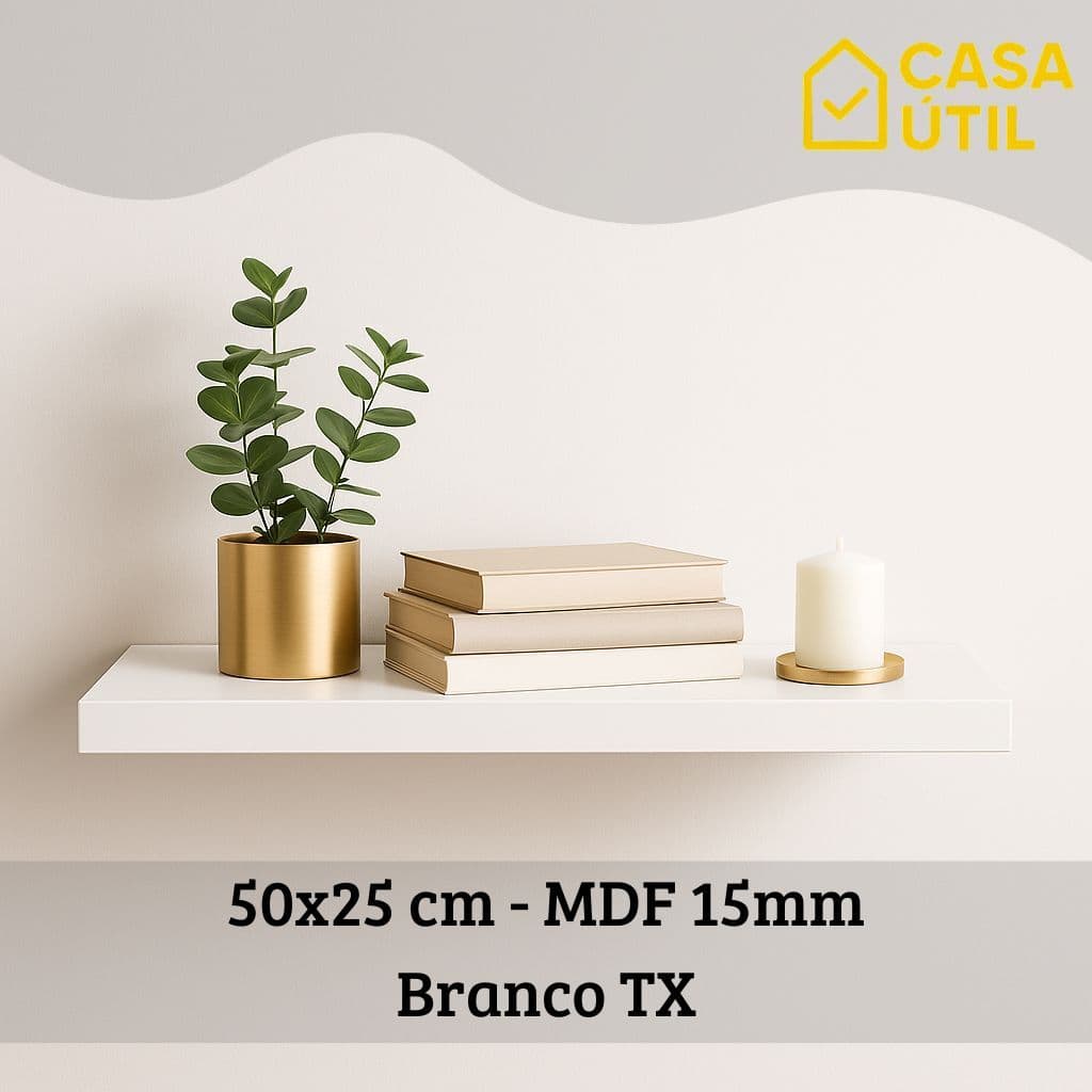 Prateleira 50x25 cm MDF 15mm Branca com Suporte Invisível Reforçado | Sala, Cozinha e Quarto