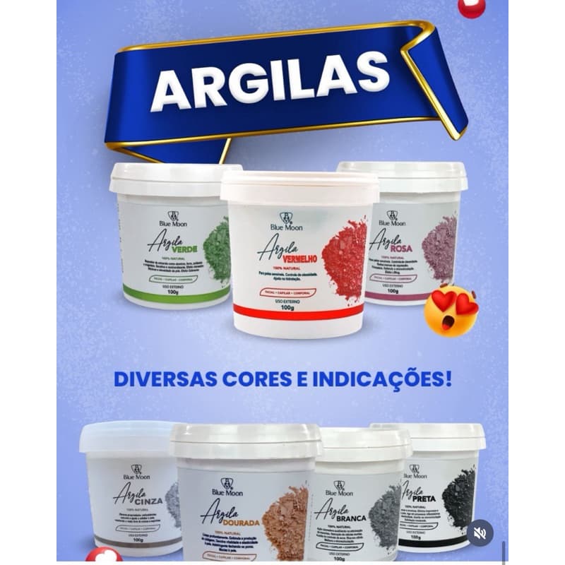 Kit 7 Pó de Argila Natural Blue Moon 100g – Verde, Vermelha, Rosa, Cinza, Dourada, Branca e PretaLimpeza e Cuidados Pele