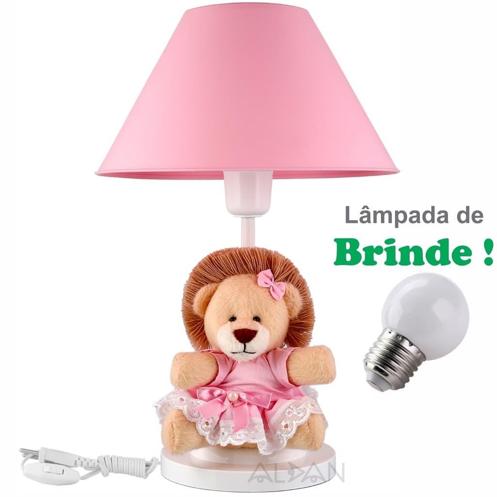 Abajur Infantil Quarto Bebe Safari Leão Luminaria Leoa Rosa + Lâmpada De Brinde