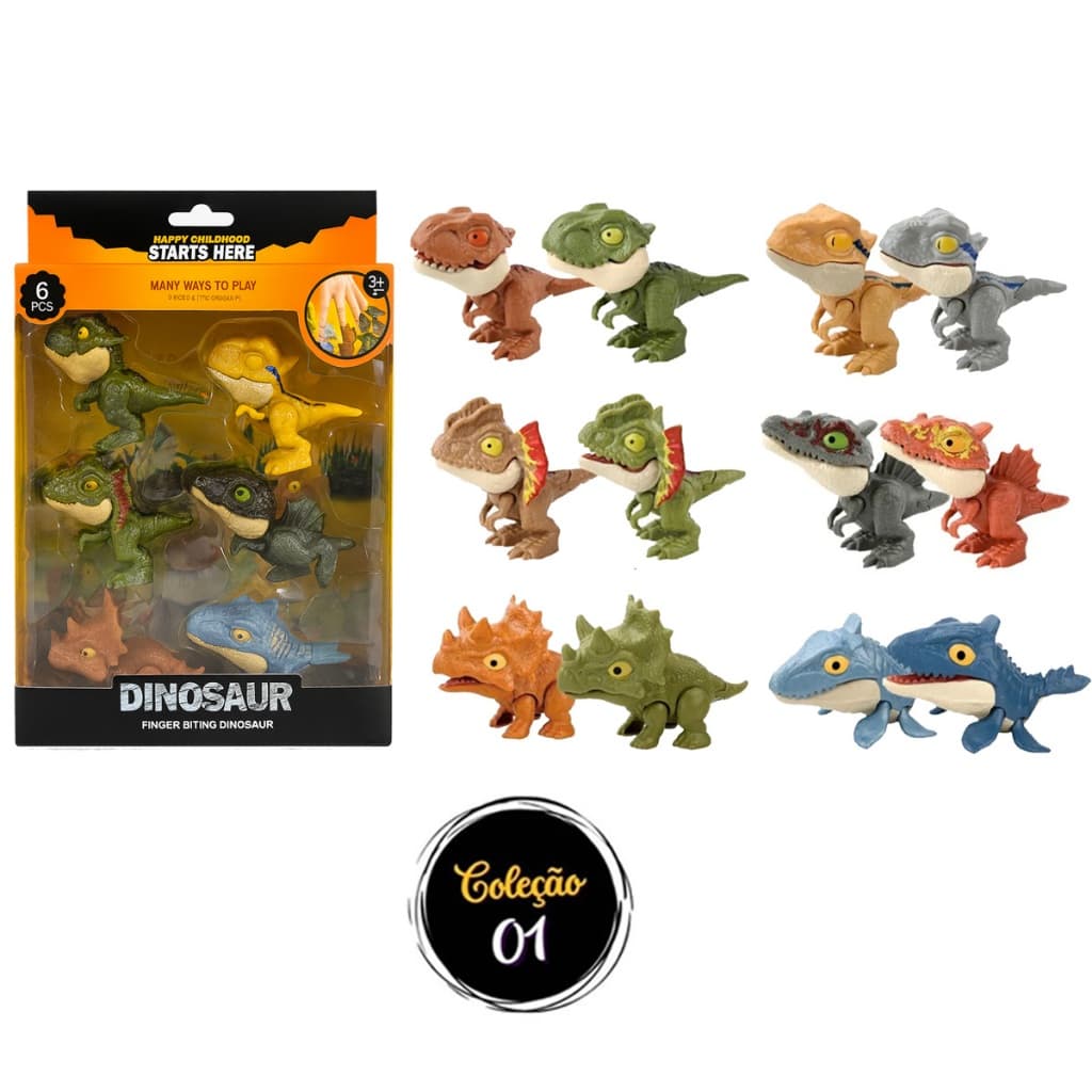 Kit com 6 Mini Dinossauros Miniatura Morde Dedo Baby Colecionável Jurassic Park