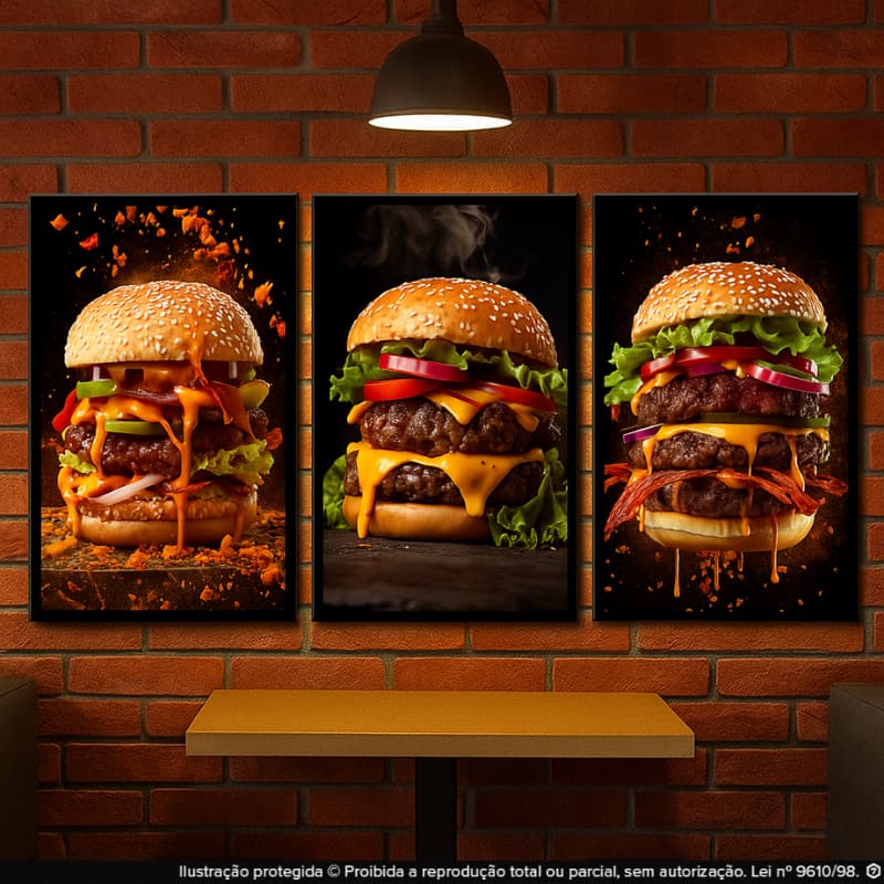 Kit Quadros Decorativos 3 Peças hambúrguer's lanchonete decoração para hamburgueria e area de lazer