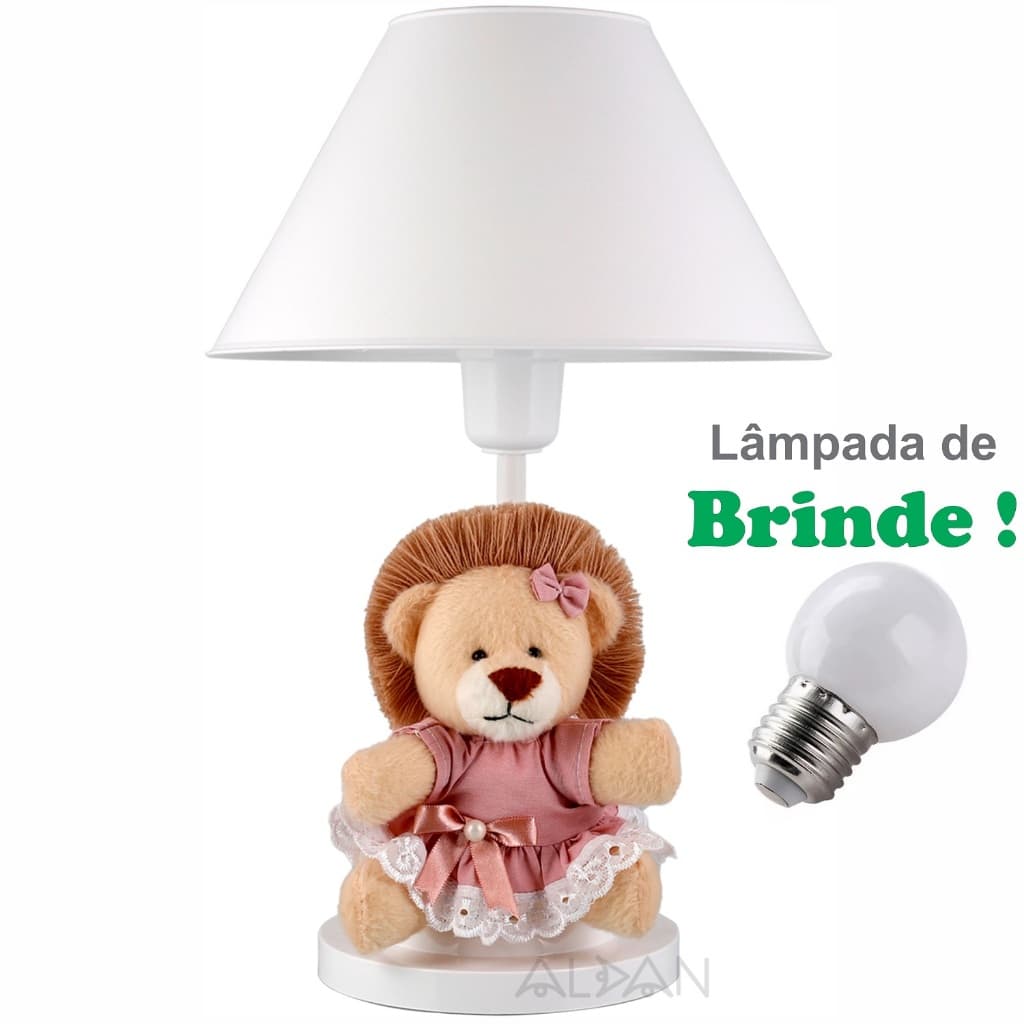 Abajur Infantil Quarto Bebe Safari Leão Luminaria Leoa Rosé + Lâmpada De Brinde