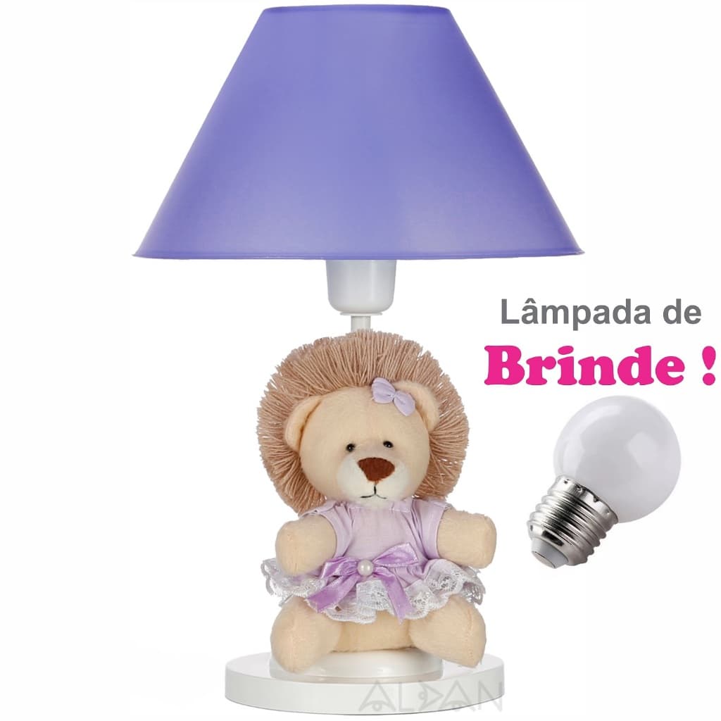Abajur Infantil Quarto Bebe Safari Leão Luminaria Leoa Lilás + Lâmpada De Brinde