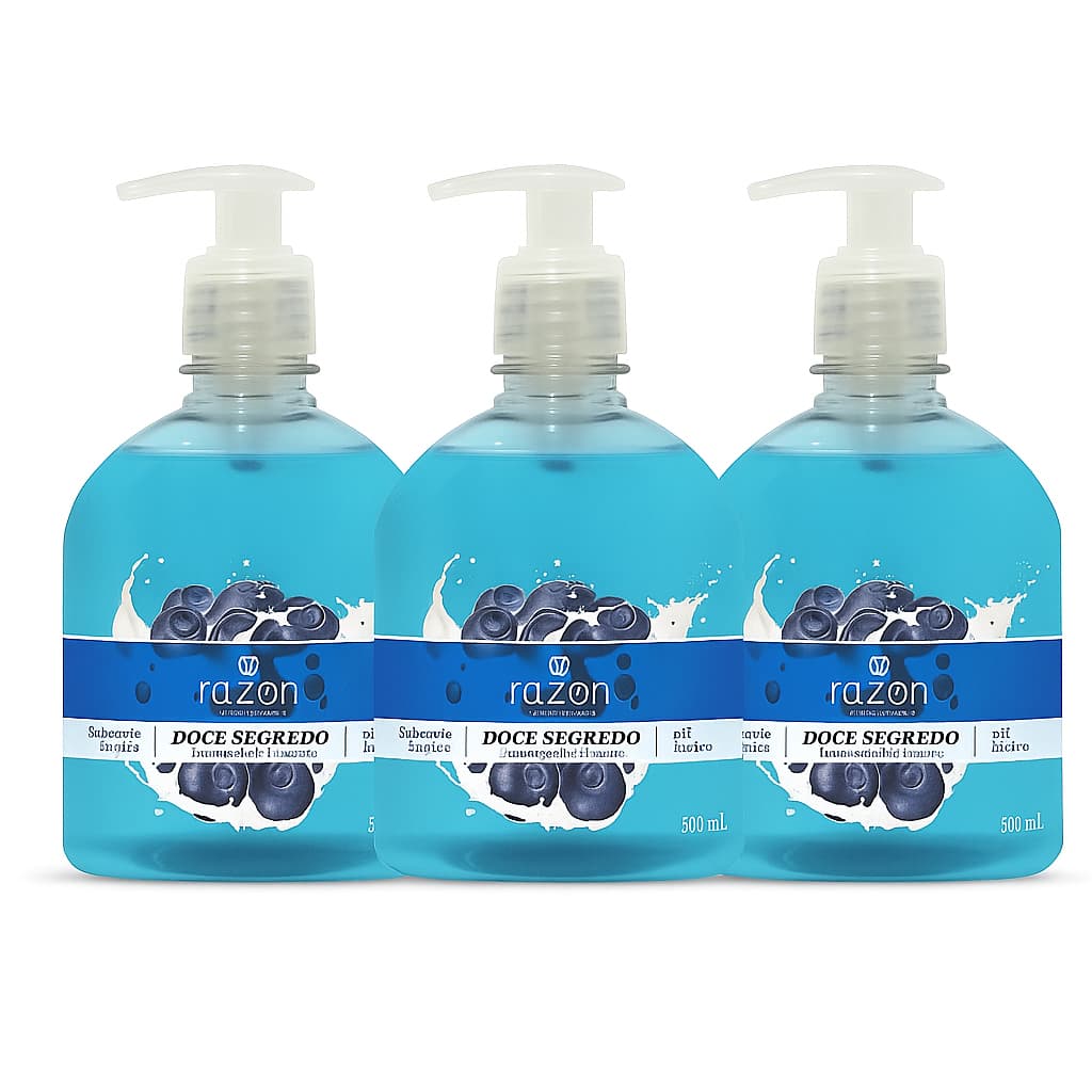 Kit 3 Sabonete Liquido para Mãos e Corpo Doce Segredo (Blueberry com Iogurte) 500ml - Razon