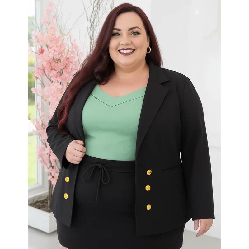 Blazer Social Plus Size Feminino Neoprene Longo Elastano Botão Dourado Luxo G1 G2 G3