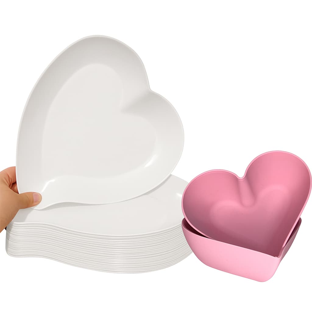 Kit 6 Peças 3 Pratos Branco 3 Cumbucas Coração Rosa Bebê Plástico Sobremesa Festa Romântica