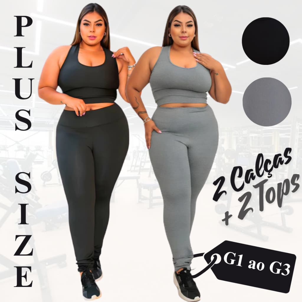 Kit 2 Conjuntos De Academia Top + Calça Legging Plus Size Curve Academia Feminino Em Suplex Cintura Alta