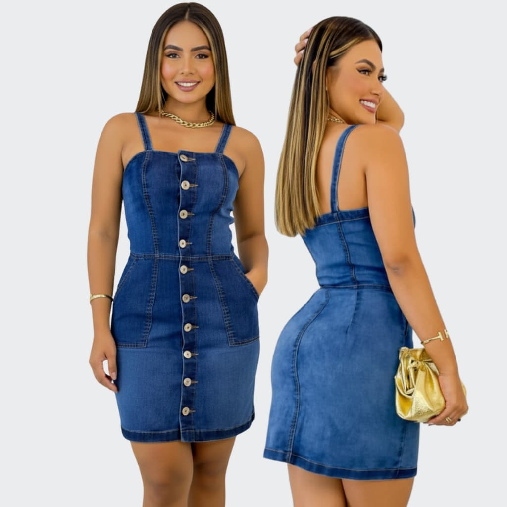 Vestido Jeans Azul c/ 10 Botões,Estilo Livre