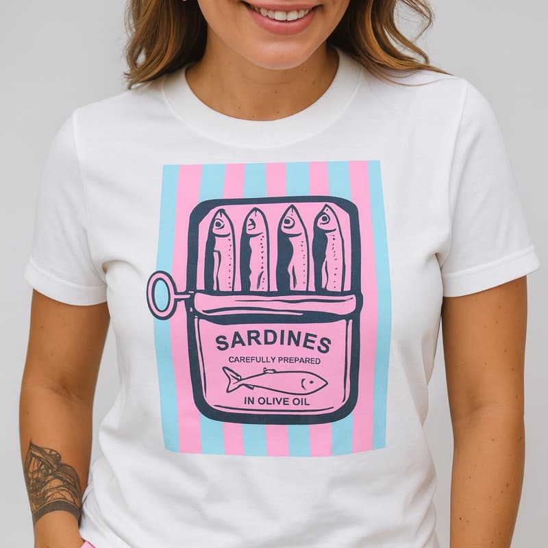 T-shirt Camiseta feminina Sardines Sardinhas Verão Conforto Estilo Camisa 100% Algodão Casual