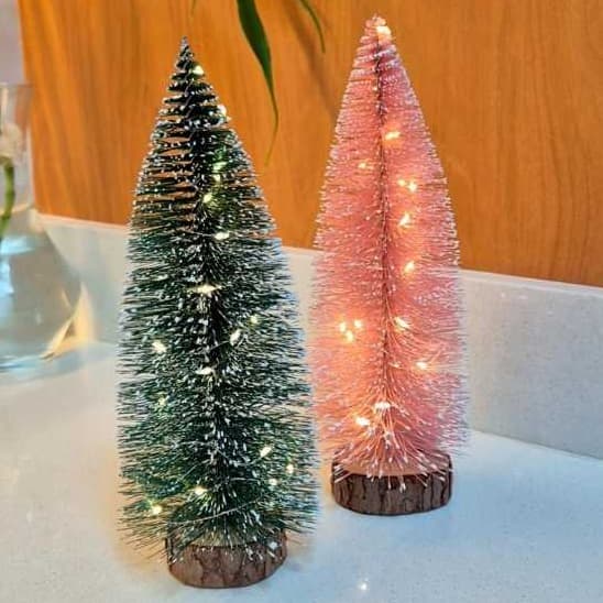 Árvore Natal pinheiro rosa verde com Led Papai Noel 25cm