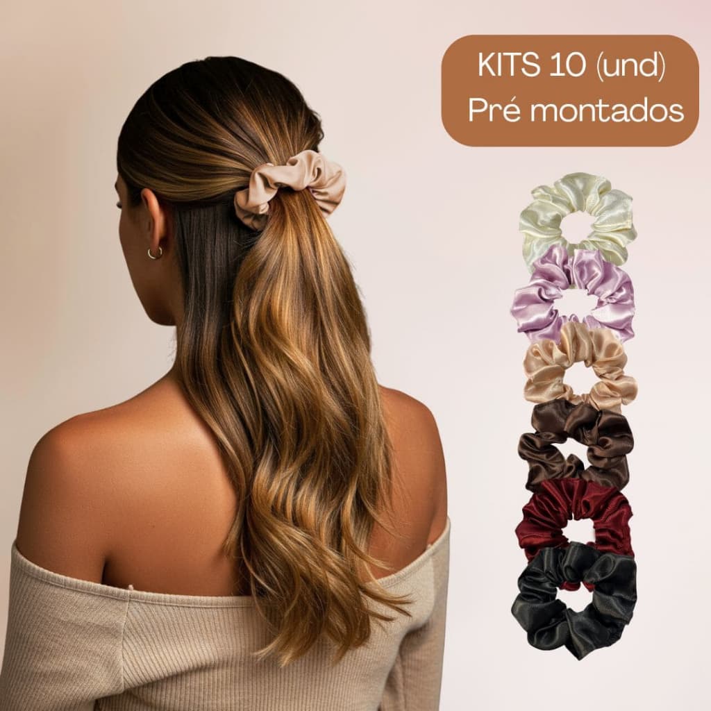KIT 10 Scrunchie Xuxinha Elástico de Cetim Anti Frizz