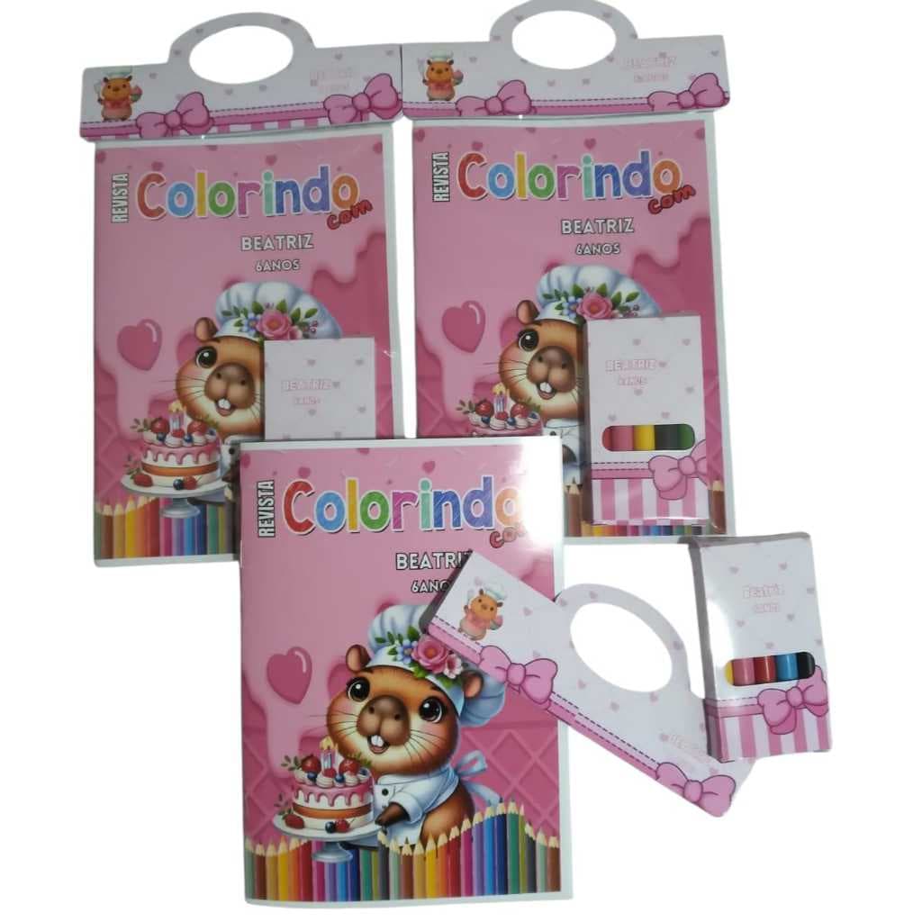 Kit REVISTINHA de Colorir  com Giz de Cera Personalizado - FESTAS E LEMBRANCINHAS - CAPIVARA CONFEITEIRA