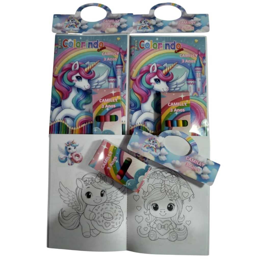Revistinha Kit Livrinhos de Colorir e Giz de Cera Personalizados - FESTAS E LEMBRANCINHAS - UNICORNIO
