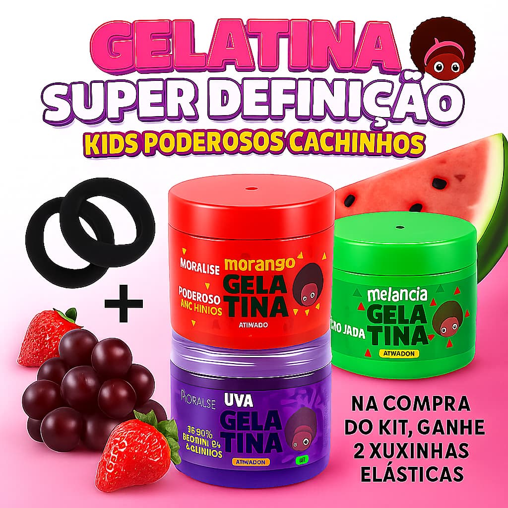 Gelatina para Cabelos Cacheados Kids Melancia Morango  Uva Hidralise 500g