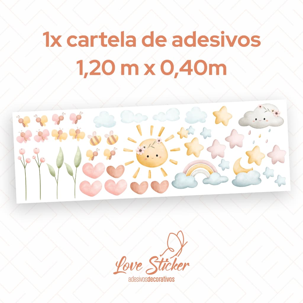 Adesivos de Parede Infantil Boho Aquarela Decoração Quarto Bebê – Sol, Nuvens, Flores e Corações