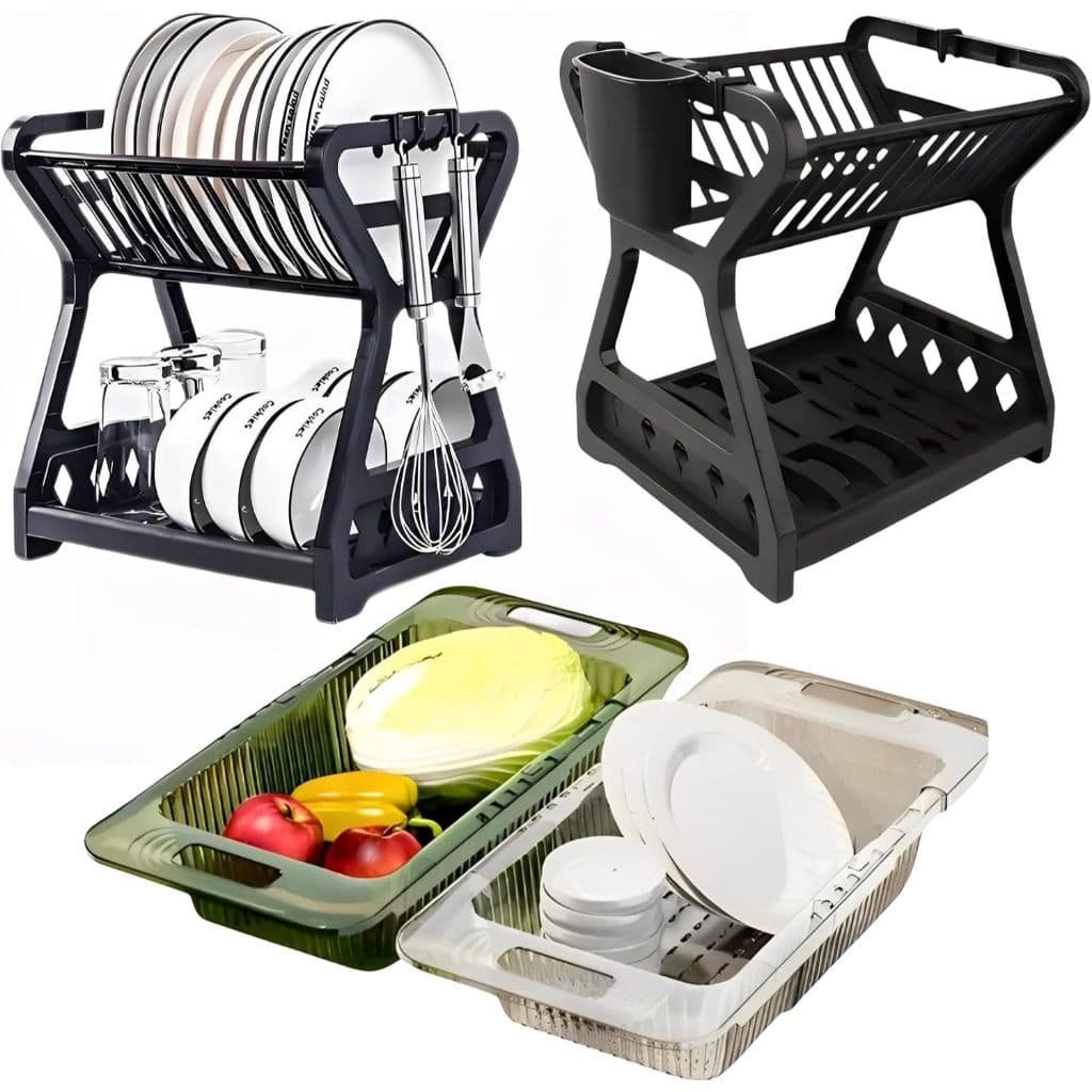 Kit Escorredor de Louça 2 Andares + Cesto Retrátil Multiuso | Escorredor de Pratos Louças Alimentos