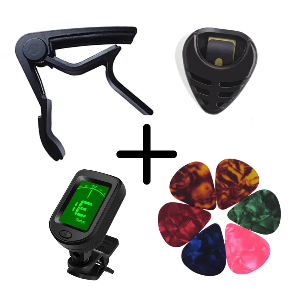Kit capotraste + afinador + suporte de palhetas + 5 palhetas p/ violão guitarra ukulele