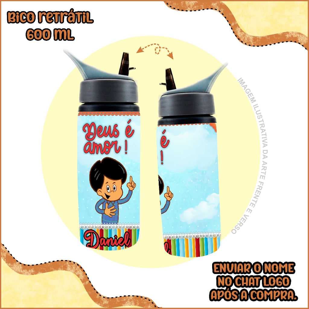 Garrafa de água de alumínio - com seu nome - três palavrinhas - desenho bíblico - bíblia - infantil