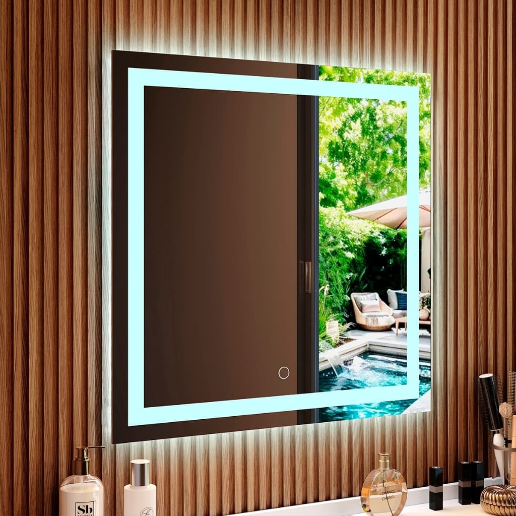 Espelho Quadrado Jateado 60x60 LED Multicolor Touch Decorativo Moderno Parede Banheiro Sala Quarto