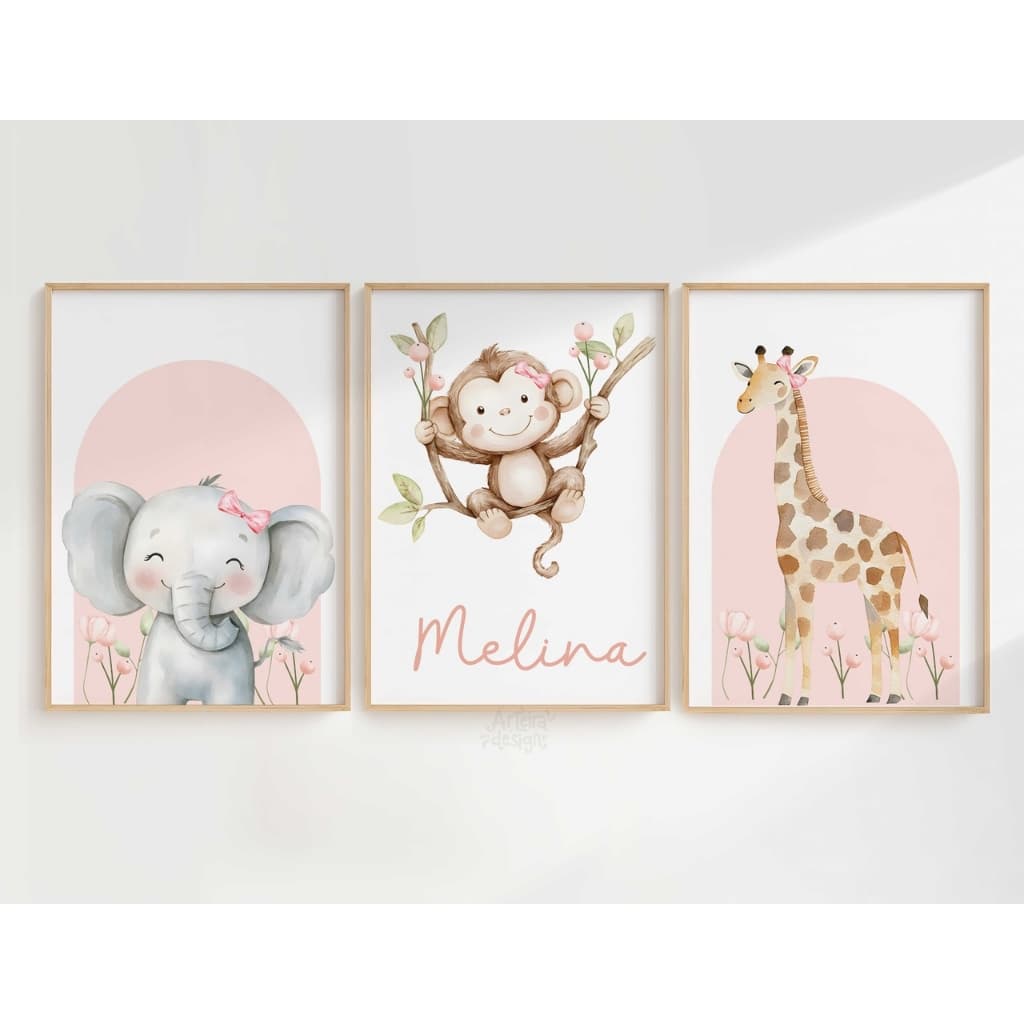 Quadro Decorativo 3 peças Animais Safari MENINA Baby Selva Folhas Quarto Infantil - NOME EM ACRÍLICO