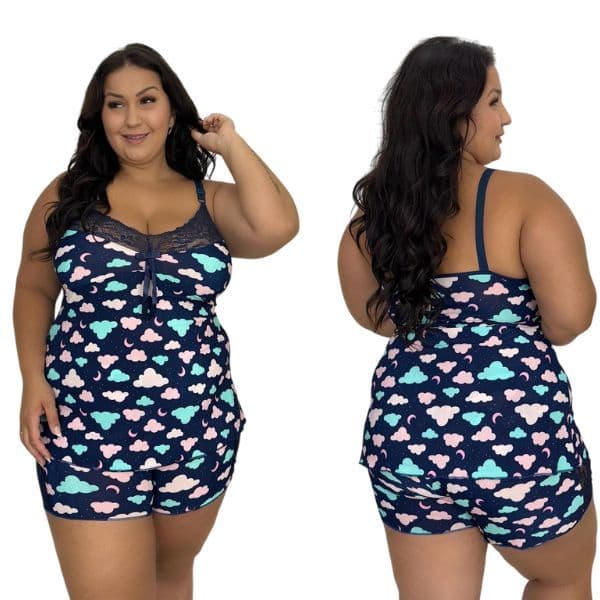Pijama Baby Doll Feminino Plus Size em Liganete Short Doll Feminino com Detalhe em Renda