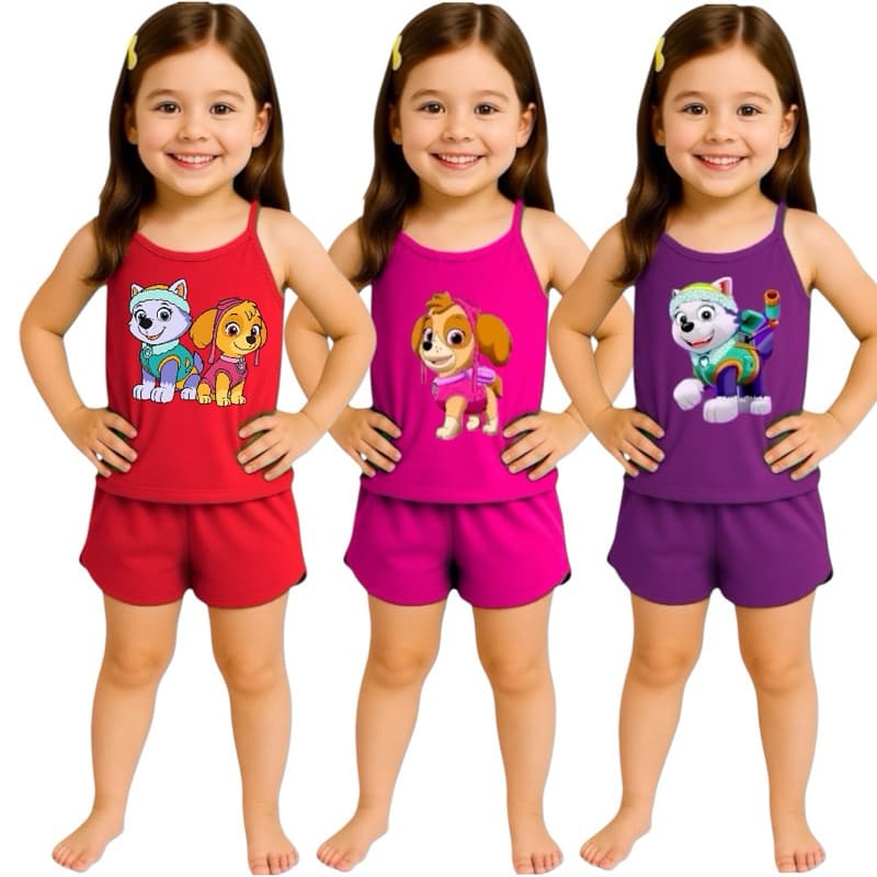Pijama Infantil Feminino Curto Baby Doll Short Doll Alcinha Patrulha Canina Verão