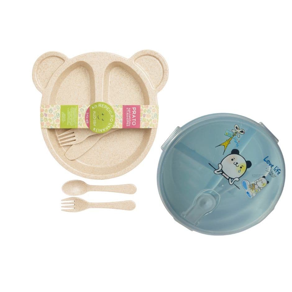 KIT alimentação infantil 3 peças – prato ursinho com divisórias + colher e garfo +MARMITA INFANTIL– introdução alimentar