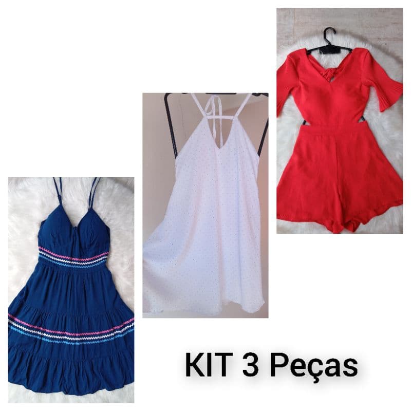 Kit 3 Peças Vestidos E Macaquinho Feminino Curto Estilo Verão Promoção Final De Ano
