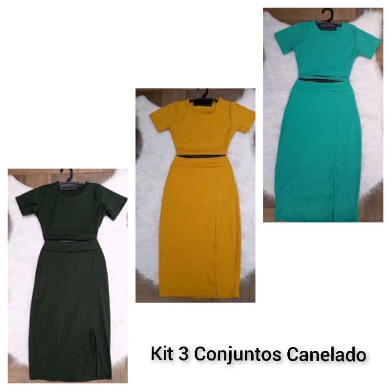 Kit 3 Conjuntos Canelado Feminino Cropped E Saia Midi– Conforto e Estilo em Triplo Promoção De Natal