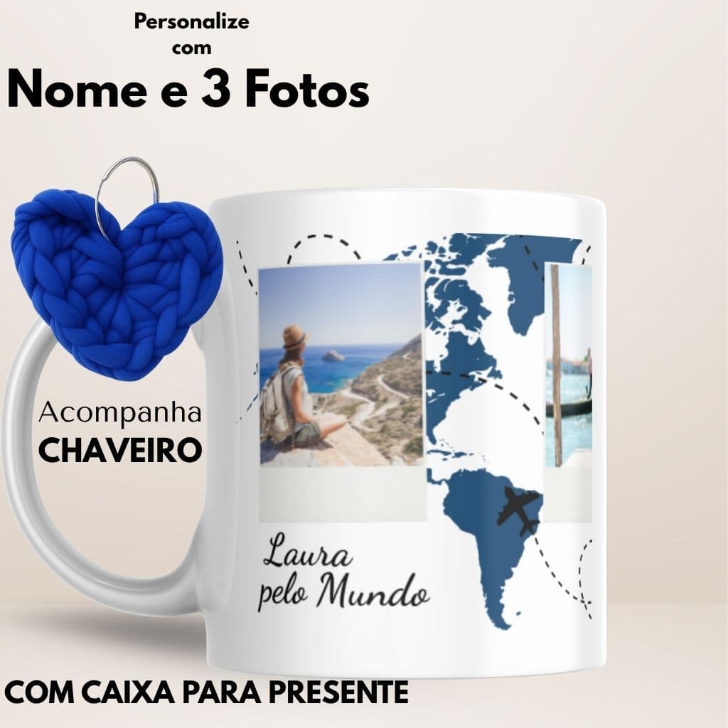 Caneca Viagem Personalizada com Fotos e Nome | Presente para Viajante | Mapa Mundo + Caixa Presente