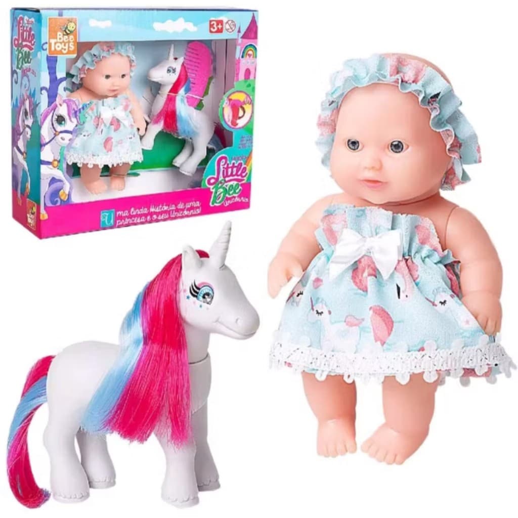 Boneca Bebê Pequena Little Bee e Unicórnio Colorido Brinquedo Rosa Menina - Bee Toys