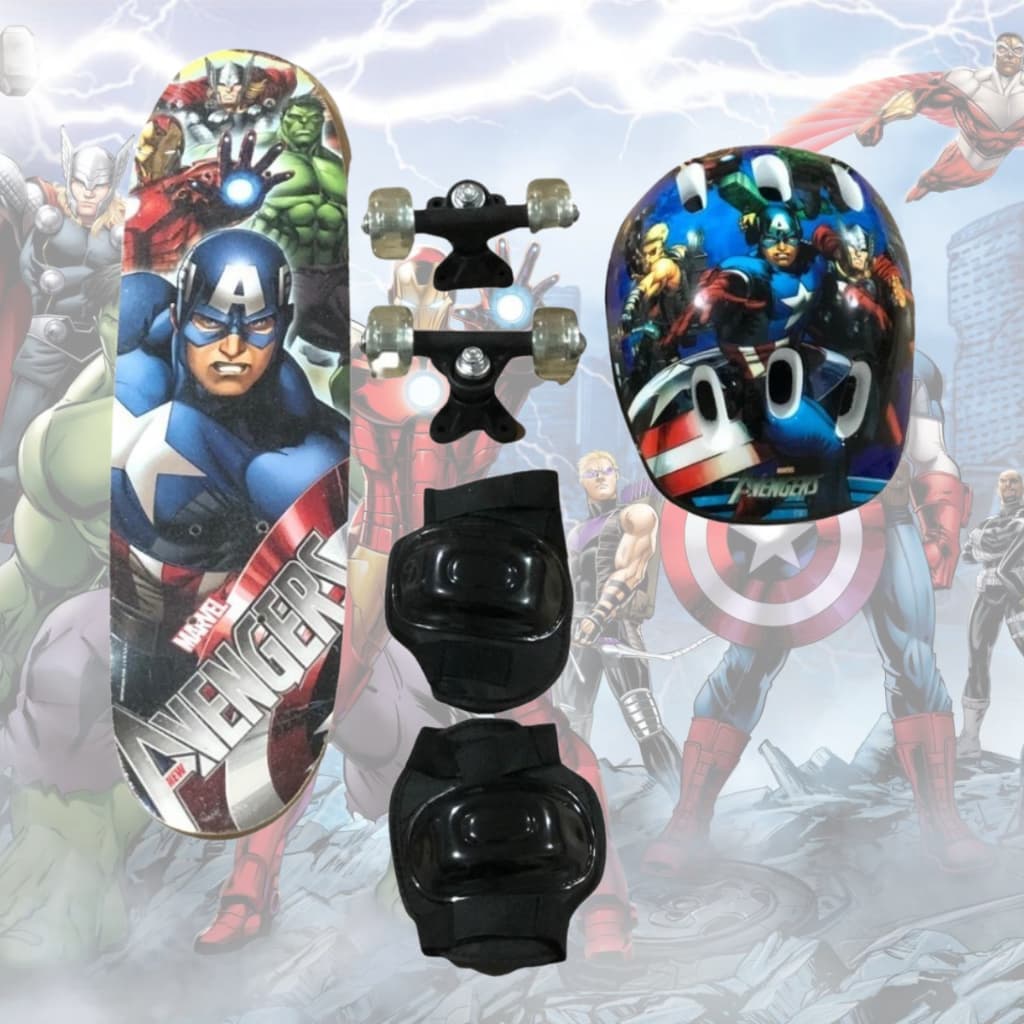 Skate infantil com Rodas LED e kit Proteção Vingadores Homem-arannha e Frozen