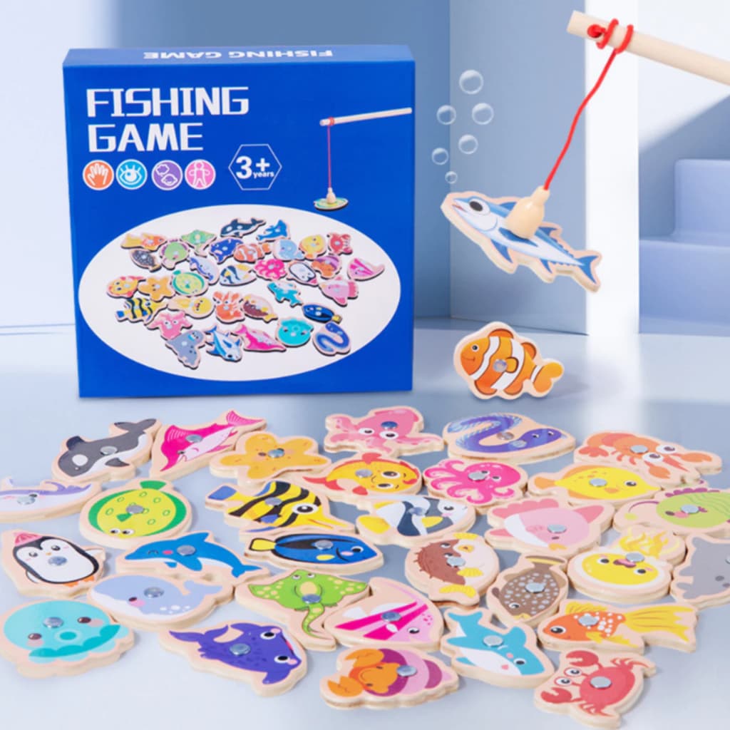 Jogo de Pesca Infantil Educativo em Madeira com Varinha Magnética para Meninos e Meninas