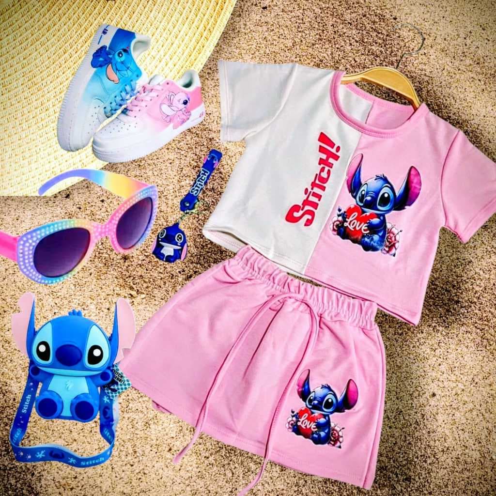 conjunto infantil menina blusa short saia stich