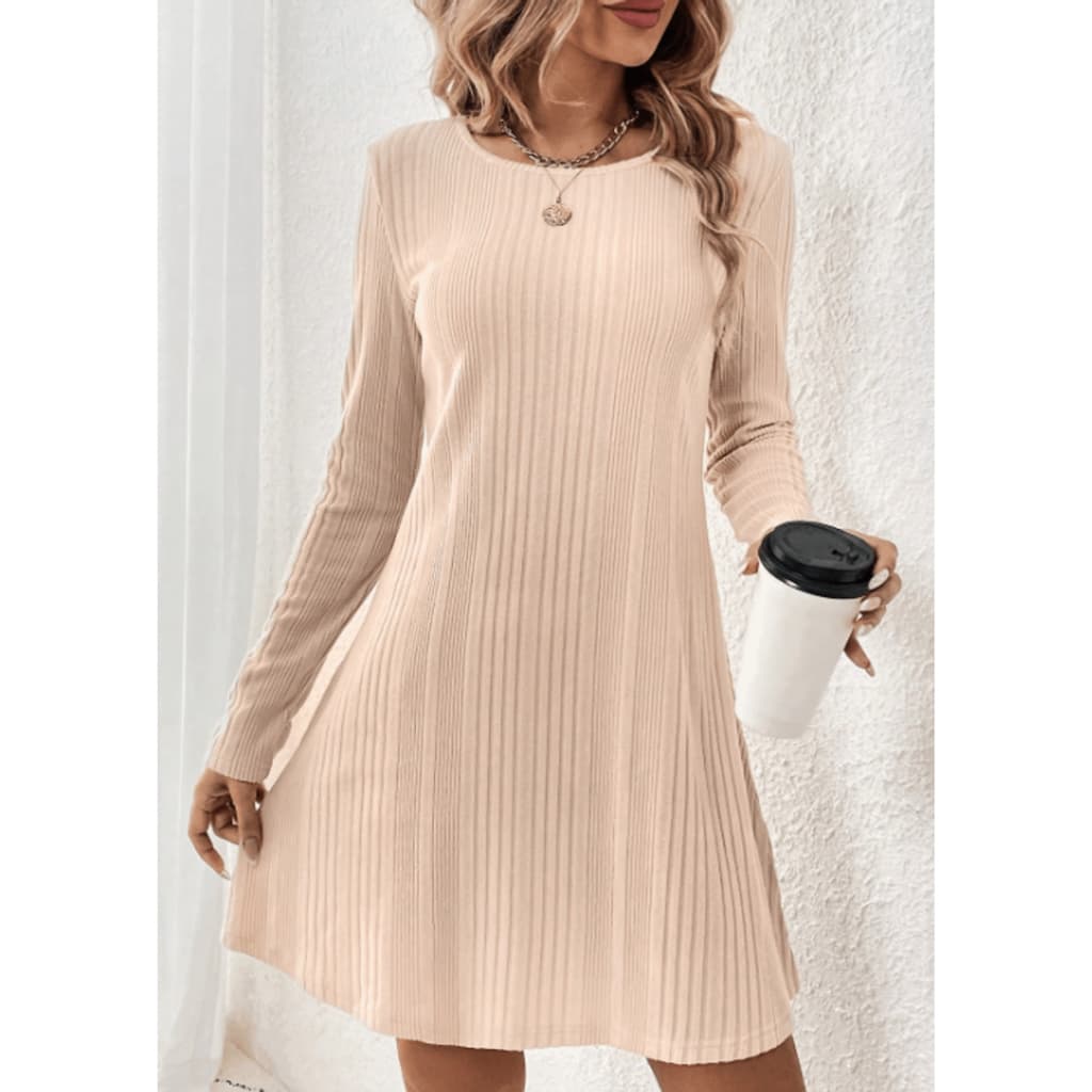 vestido canelado bege manga longa casual comfy minimalista elegante outono inverno retrô básico