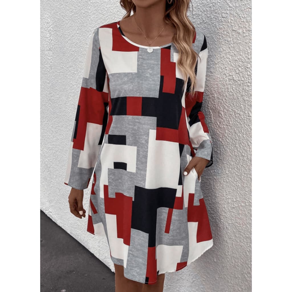vestido geométrico estampado manga longa soltinho casual elegante moderno confortável verão outono